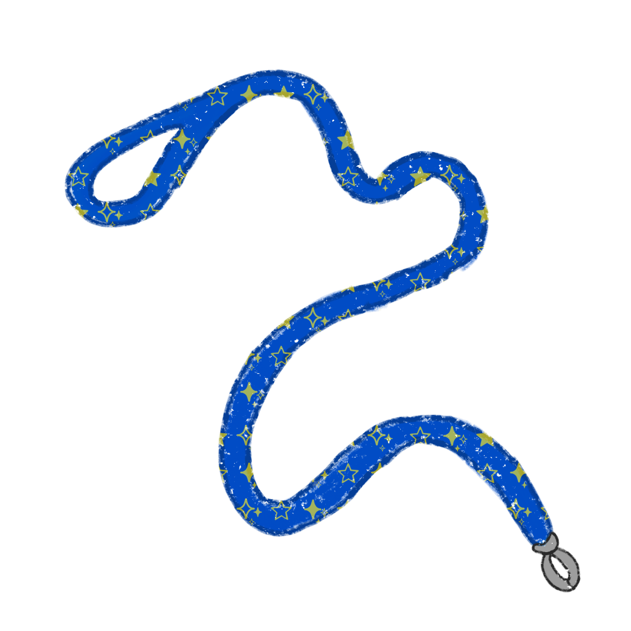 A blue crayon textured star patterned leash in a squiggly shape with a silver clip on the end